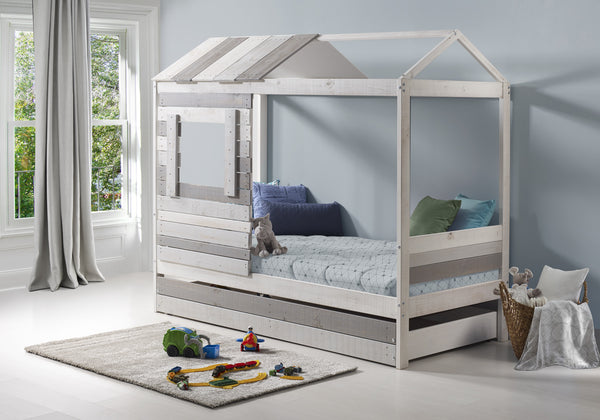 Cama Individual Infantil en Forma de Cabaña Color Blanco y Gris con Estructura de Madera Maciza y Madera Industrial