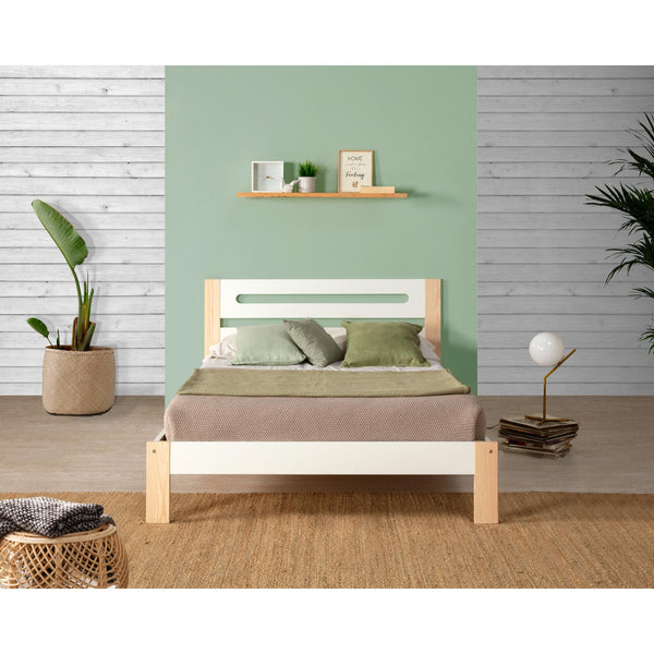 Cama Matrimonial Blanca con Láminas de Pino Macizo Estructura de Madera Industrial