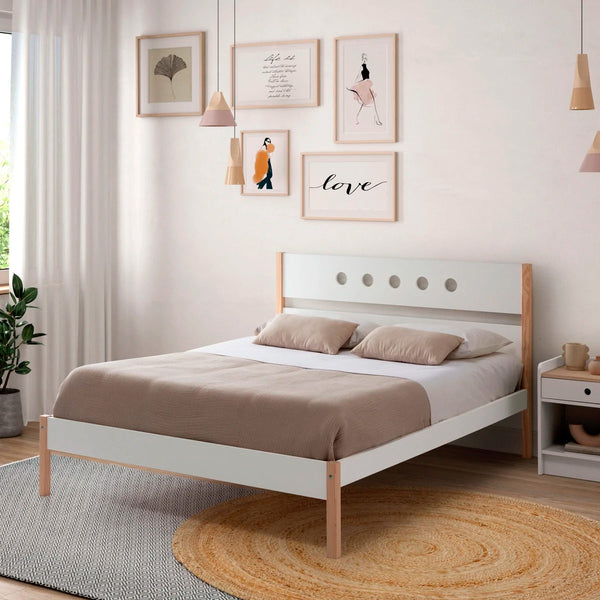 Cama Matrimonial Blanca y Madera con Láminas de Madera Maciza