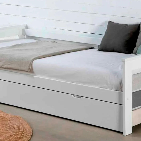 Cama Individual Blanca y Gris con Cama Oculta. Tablones de Madera Maciza y Estructura de Metal