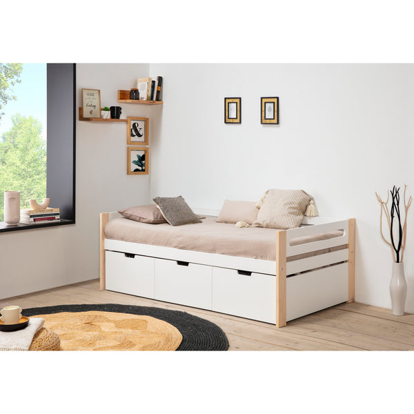 Cama Individual Blanca con Láminas de Pino Macizo con 3 Cajones y Estructura de Madera MDF