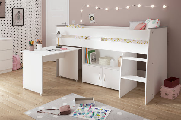 Litera Blanca con Escritorio Retractil, 2 Puertas y Espacio de Almacenamiento. Estructura de Madera Industrial