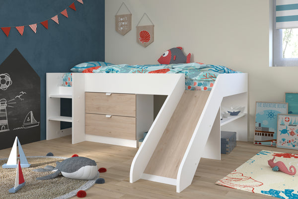 Cama Individual Infantil con Escalera, Resbaladilla y con 2 Cajones. Estructura de Madera Industrial