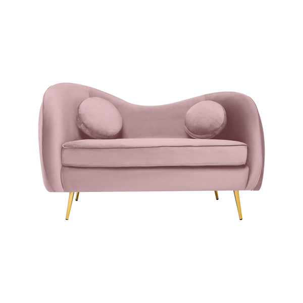 Sofá de 2 plazas Tapizado en Terciopelo Rosa. Estructura de Madera Sólida y Patas de Metal