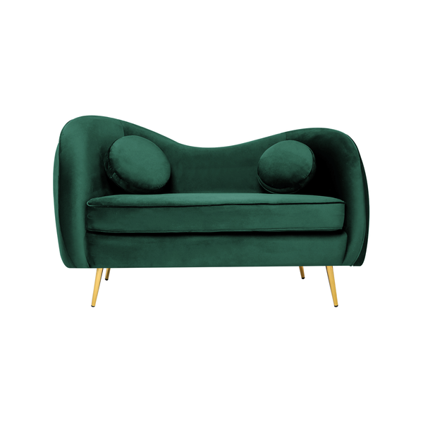 Sofá de 2 plazas Tapizado en Terciopelo Verde. Estructura de Madera Sólida y Patas de Metal