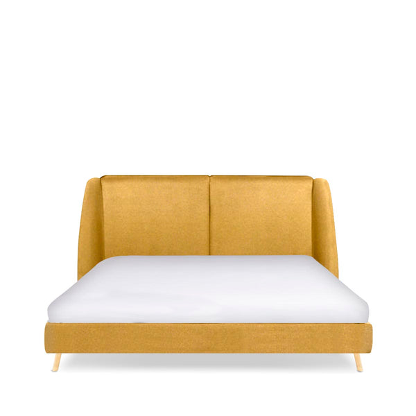 Cama King Size  Color Mostaza. Cabecera con Base Rellena de Hule Espuma. Estructura de Madera Maciza