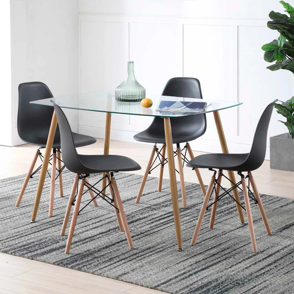 Comedor Completo con Mesa de Cristal y 4 Sillas Negras con Patas de Madera y Soporte Metálico