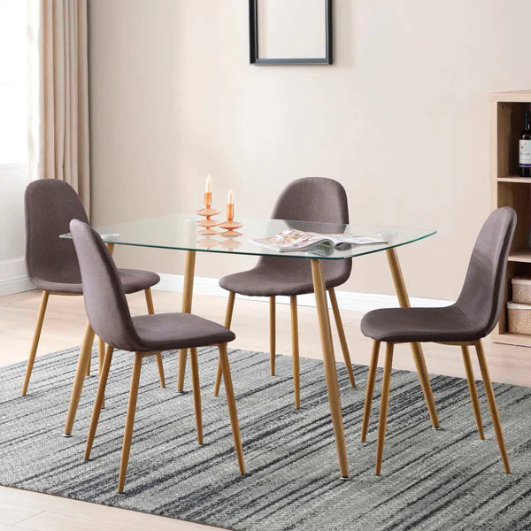 Comedor Completo con Mesa de Cristal y 4 Sillas Tapizadas en Tela Gris con Patas de Metal Efecto Madera