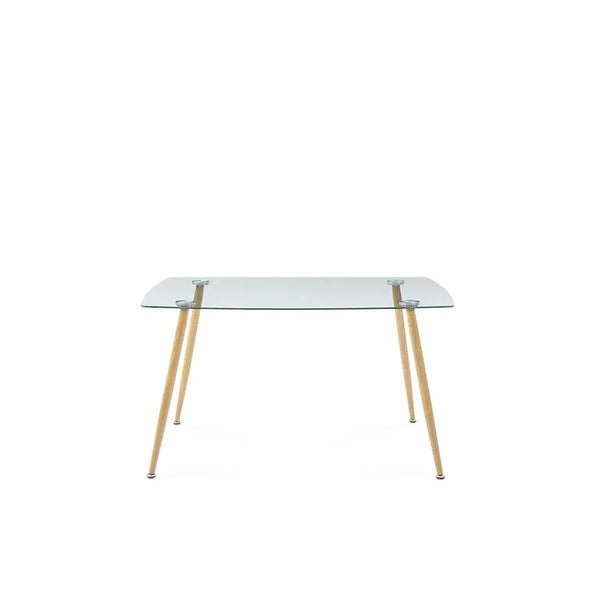 Comedor Completo con Mesa de Cristal y 4 Sillas Grises con Patas de Madera y Soporte Metálico