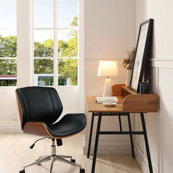 Silla de Oficina Giratoria con Asiento de Cuero Sintético, Soporte de Madera, Altura Ajustable y Patas de Metal