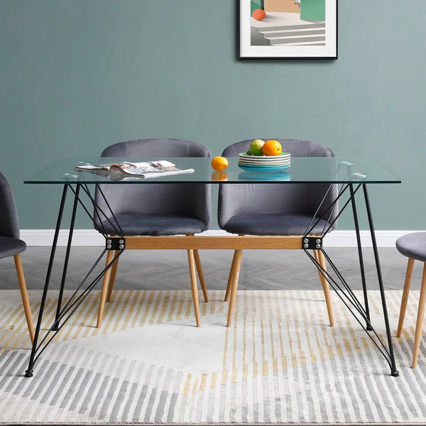 Silla de Comedor con Asiento y Respaldo en Terciopelo Gris. Estructura y Patas de Metal Efecto Madera