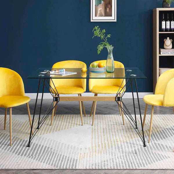 Comedor Completo con Mesa de Cristal y 4 Sillas Tapizadas en Terciopelo Mostaza con Patas de Metal con Efecto Madera