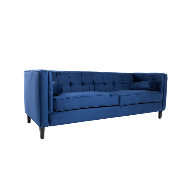 Sofá de 3 Plazas Tapizado en Terciopelo Color Azul. Estructura de Madera Sólida