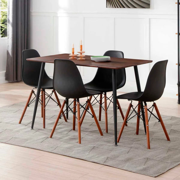 Comedor Completo con Mesa Rectangular Color Negro y Nogal y 4 Sillas Negras con Patas de Madera y Soporte Metálico
