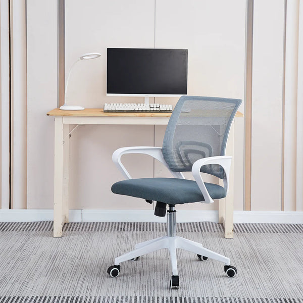 Silla de Oficina Giratoria Gris y Blanca. Altura Ajustable, Asiento Acolchado y Base de Metal