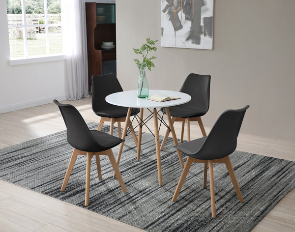Comedor Completo con Mesa Redonda color Blanco y 4 Sillas Negras con Asiento de Vinipiel y Patas de Madera