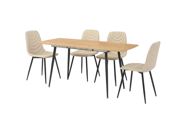 Comedor Completo con Mesa Extensible y 4 Sillas Tapizadas en Cuero Sintético Beige con Estructura de Metal
