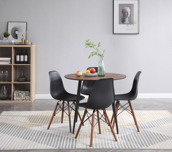 Comedor Completo con Mesa Redonda Color Negro y Nogal y 4 Sillas Negras con Patas de Madera y Soporte Metálico