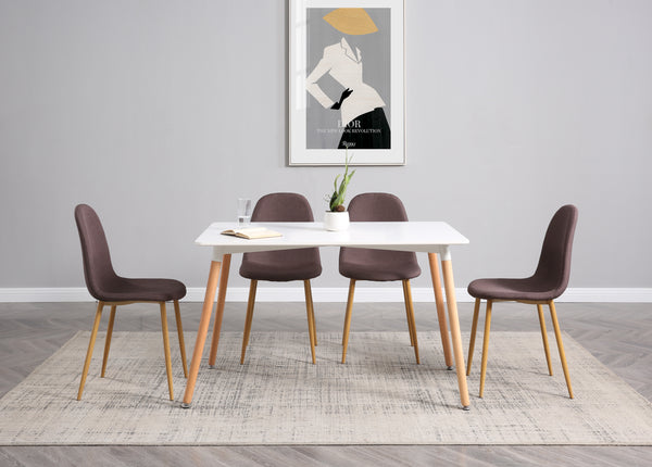 Comedor Completo con Mesa Blanca y 4 Sillas Tapizadas en Tela Gris con Patas de Metal Efecto Madera