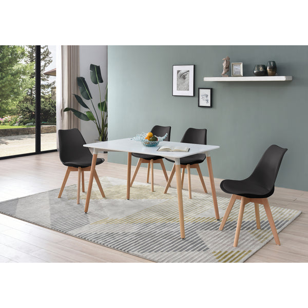 Comedor Completo con Mesa Blanca y 4 Sillas Negras con Asiento de Vinipiel y Patas de Madera