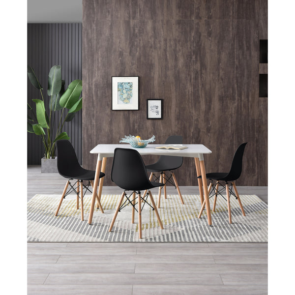 Comedor Completo con Mesa Blanca y 4 Sillas Negras con Patas de Madera y Soporte Metálico