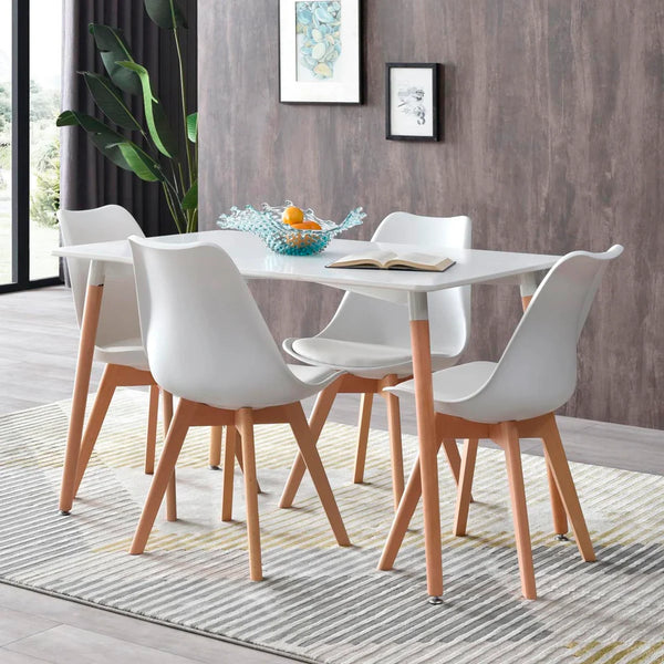 Comedor Completo Blanco con 4 Sillas con Asiento de Vinipiel y Patas de Madera