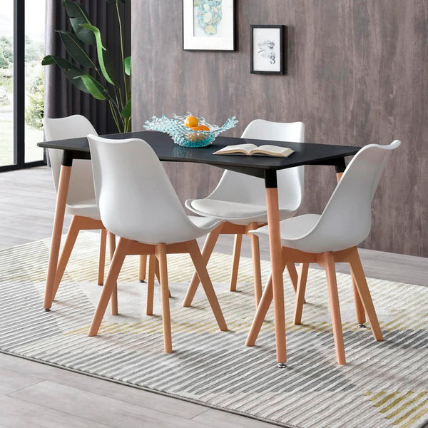Comedor Completo con Mesa Negra y 4 Sillas Blancas con Asiento de Vinipiel y Patas de Madera