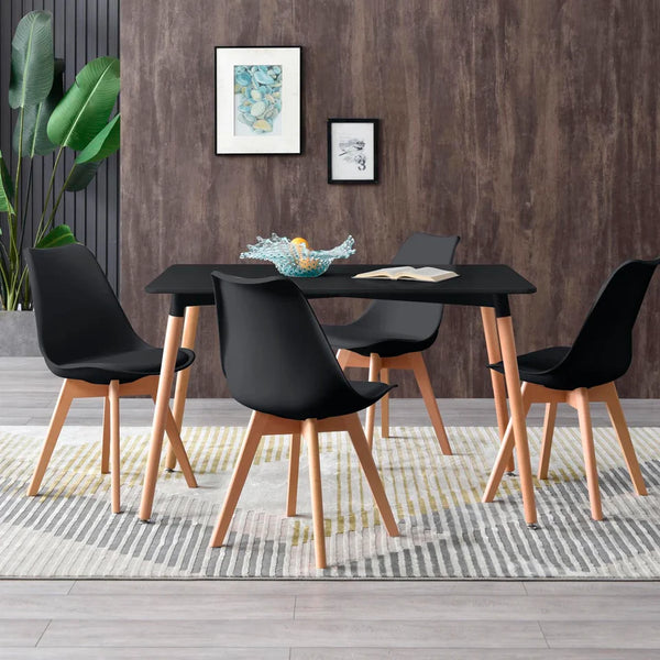Comedor Completo Negro con 4 Sillas con Asiento de Vinipiel y Patas de Madera