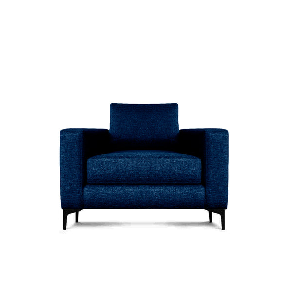 Sillón Individual con Tapizado Color Azul Noche. Estructura de Madera Sólida y Patas de Acero