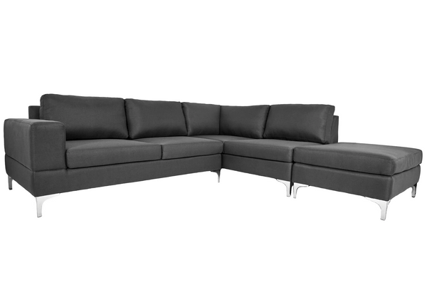 Sofá Escuadra Derecha con Tapizado Color Gris Oscuro. Estructura de Madera Sólida y Patas de Acero