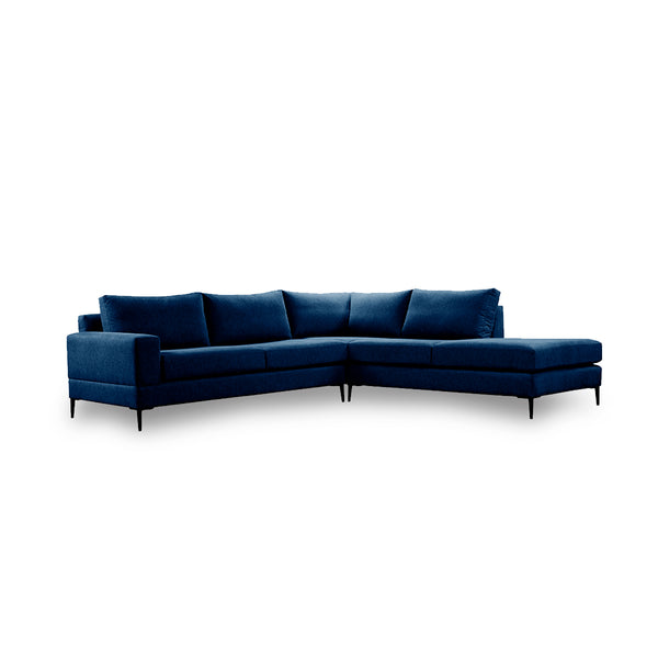 Sofá Escuadra Derecha con Tapizado Color Azul Noche. Estructura de Madera Sólida y Patas de Acero