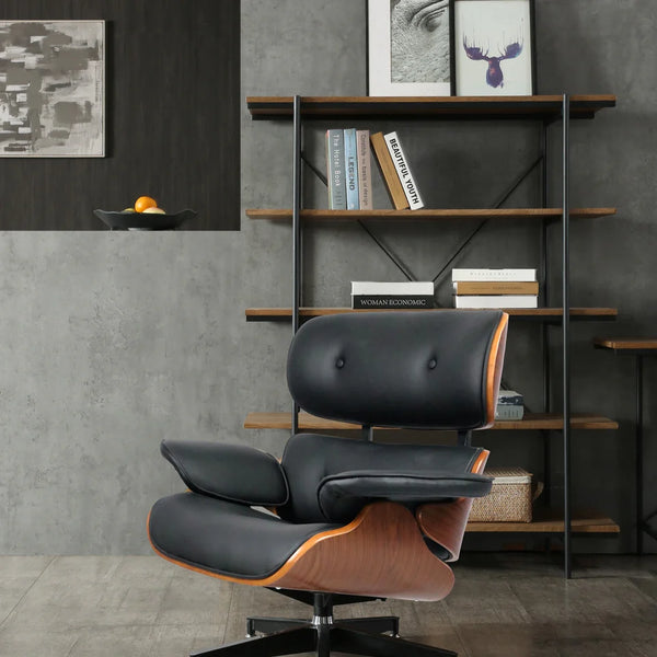 Sillón Negro y Nogal con Patas de Metal. Respaldo y Asiento en Cuero Sintético y Madera