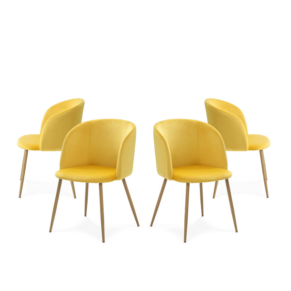 Silla de Comedor con Asiento y Respaldo en Terciopelo Mostaza. Estructura y Patas de Metal Efecto Madera