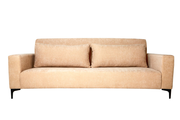 Sofá Cama Tapizado en Tela Beige. Estructura de Madera Sólida y Patas de Metal