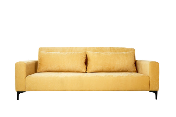 Sofá Cama Tapizado en Tela Color Piña. Estructura de Madera Sólida y Patas de Metal