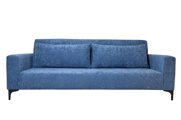 Sofá Cama Tapizado en Tela Azul. Estructura de Madera Sólida y Patas de Metal
