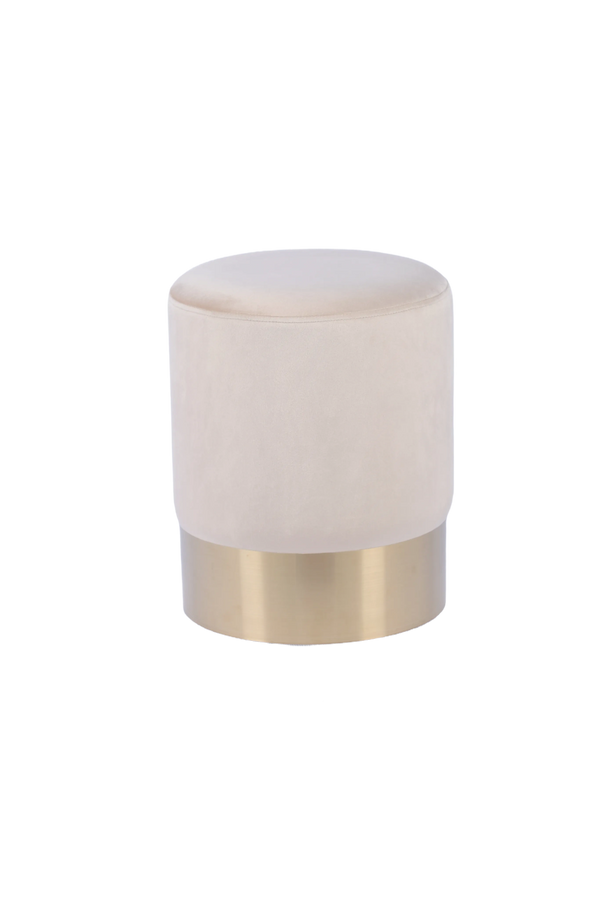 Taburete Cilíndrico Tapizado en Terciopelo Beige con Base de Acero Inoxidable en Acabado Dorado