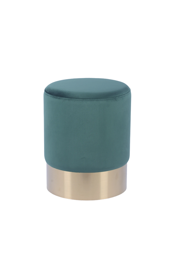 Taburete Cilíndrico Tapizado en Terciopelo Verde con Base de Acero Inoxidable en Acabado Dorado