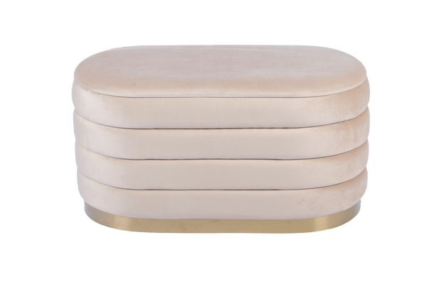 Taburete Tapizado en Terciopelo Beige con Pliegues. Base Metálica en Acabado Dorado