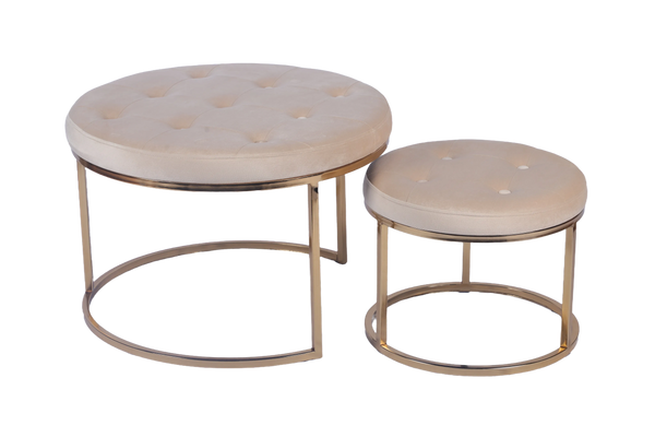 Set de Taburetes Redondos Tapizados en Terciopelo Beige con Base de Hierro y Patas de Metal Galvanizado