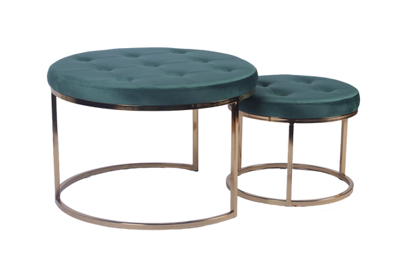 Set de Taburetes Redondos Tapizados en Terciopelo Verde con Base de Hierro y Patas de Metal Galvanizado