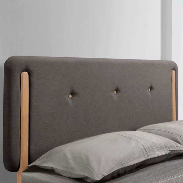 Cabecera Botonada para Cama Matrimonial Tapizada en Tela de Lino Gris con Estructura de Madera