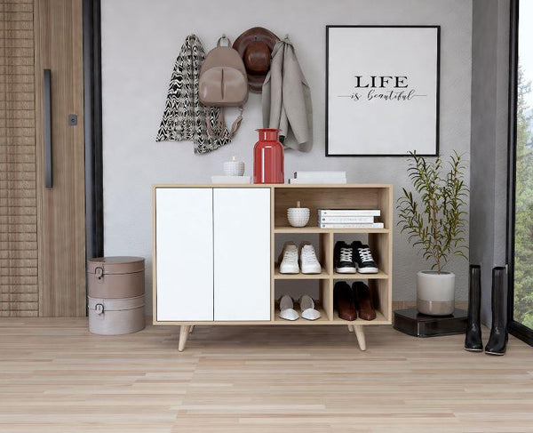 Mesa Auxiliar Zapatero Burdeos, Beige y Blanco, con Cuatro Puertas de Apertura Push y Múltiples Entrepaños