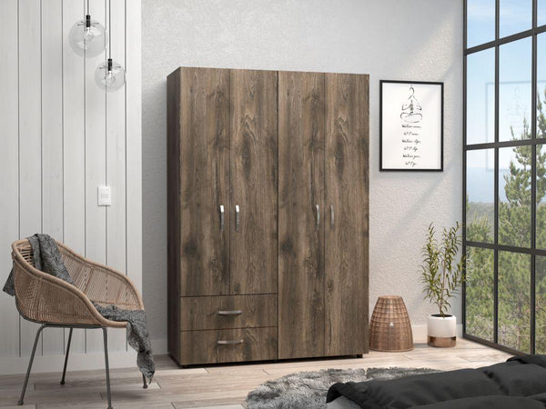 Closet Arkola, Nogal y Blanco, con Dos Cajones Organizadores y Cuatro Puertas Abatibles